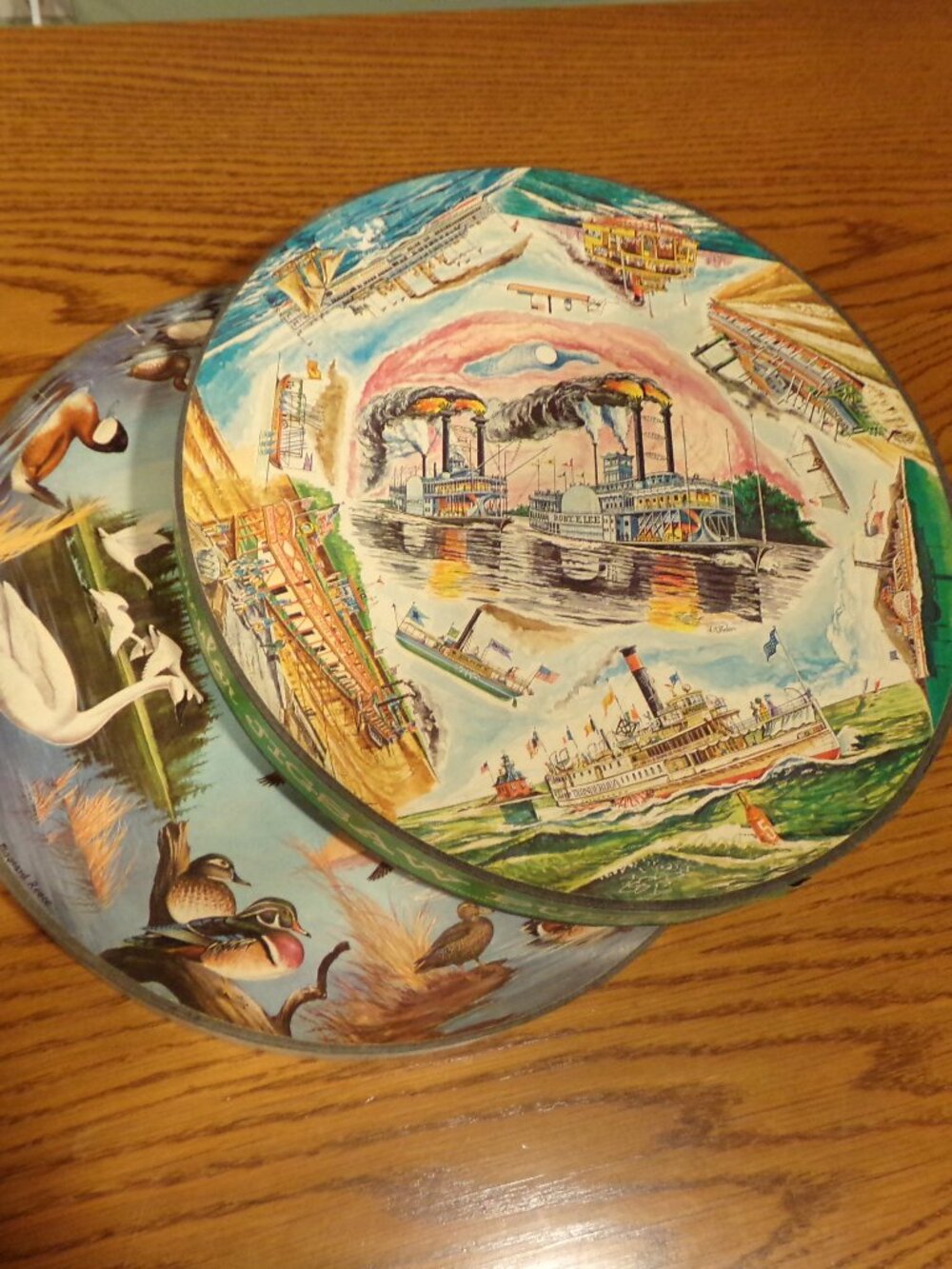 2 Vintage Circular Round Jigsaw Puzzles Steamboat Geese Springbok Read